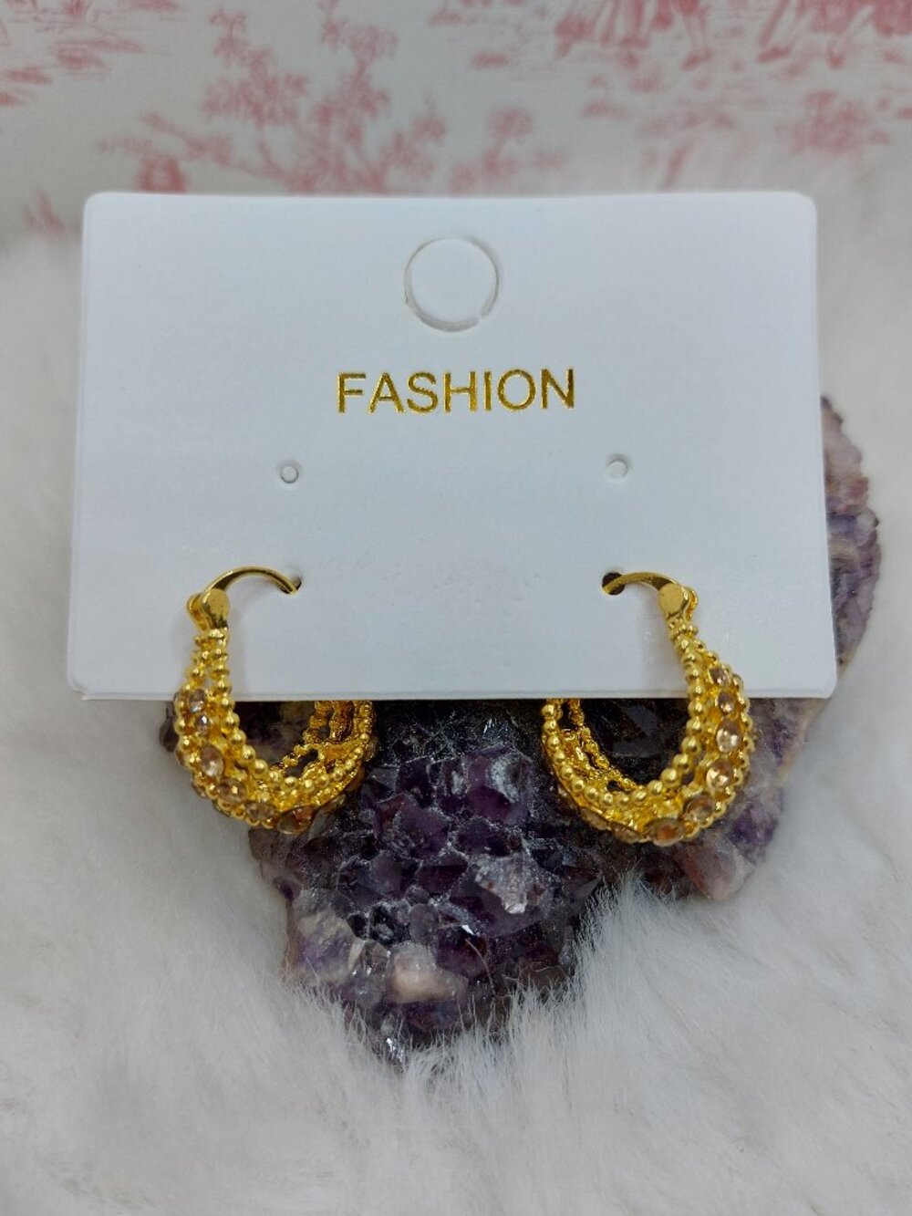 Gold-toned Crescent Hoop Earrings Intricate Textured Eastern Style